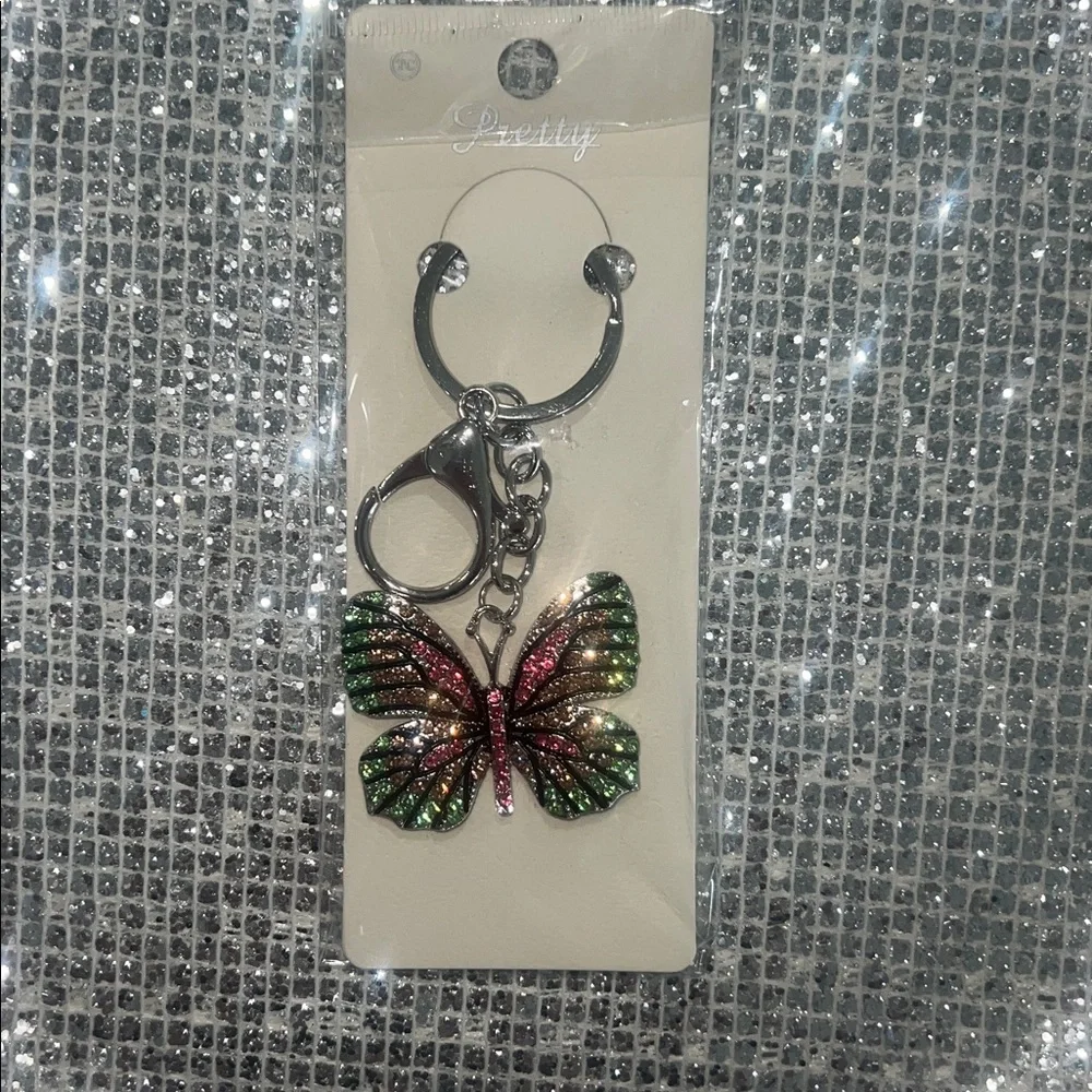 Green and Pink Crystal Butterfly Key & Card Holder Charm